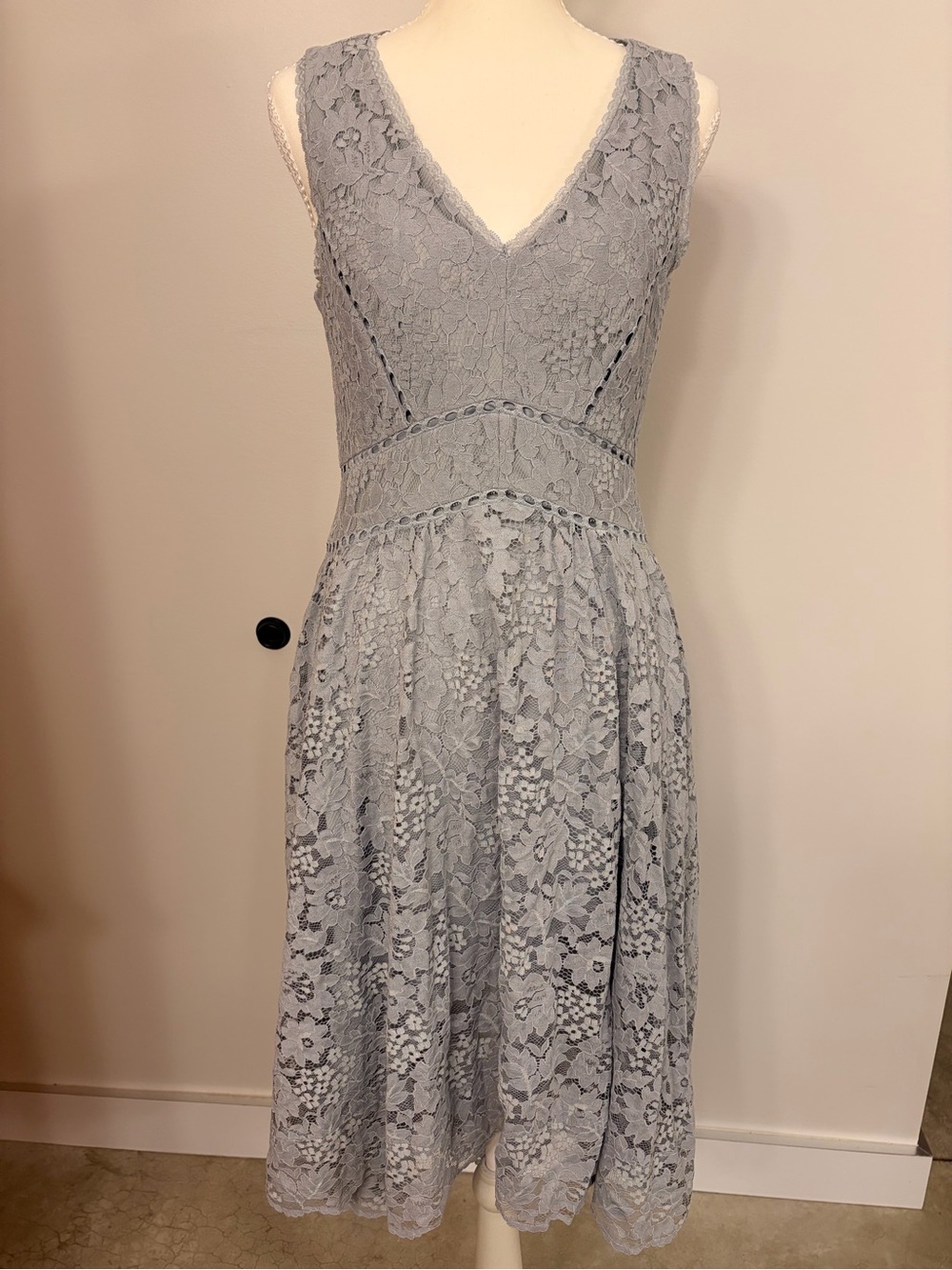 BHLDN Sleeveless Lace V-Neck Midi Dress in Light gray/blue, bridesmaid
